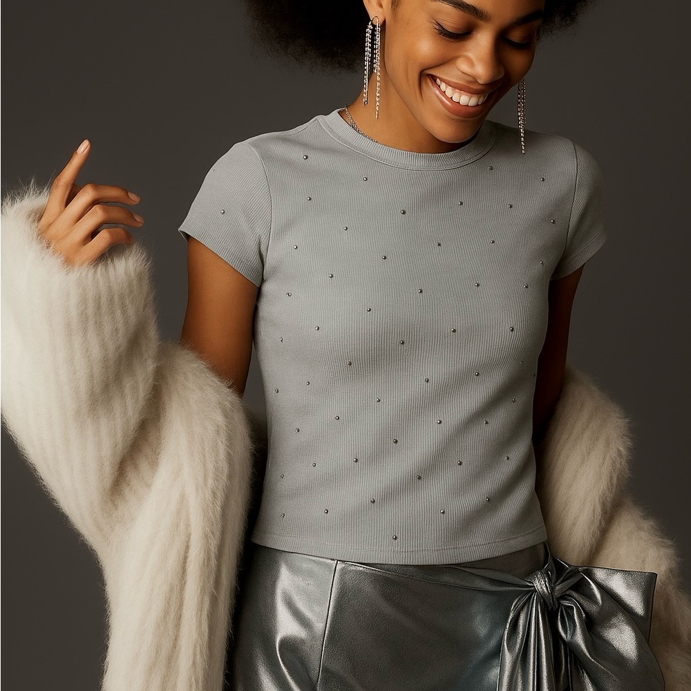 Joie Rhinestone Ribbed Gray Tee